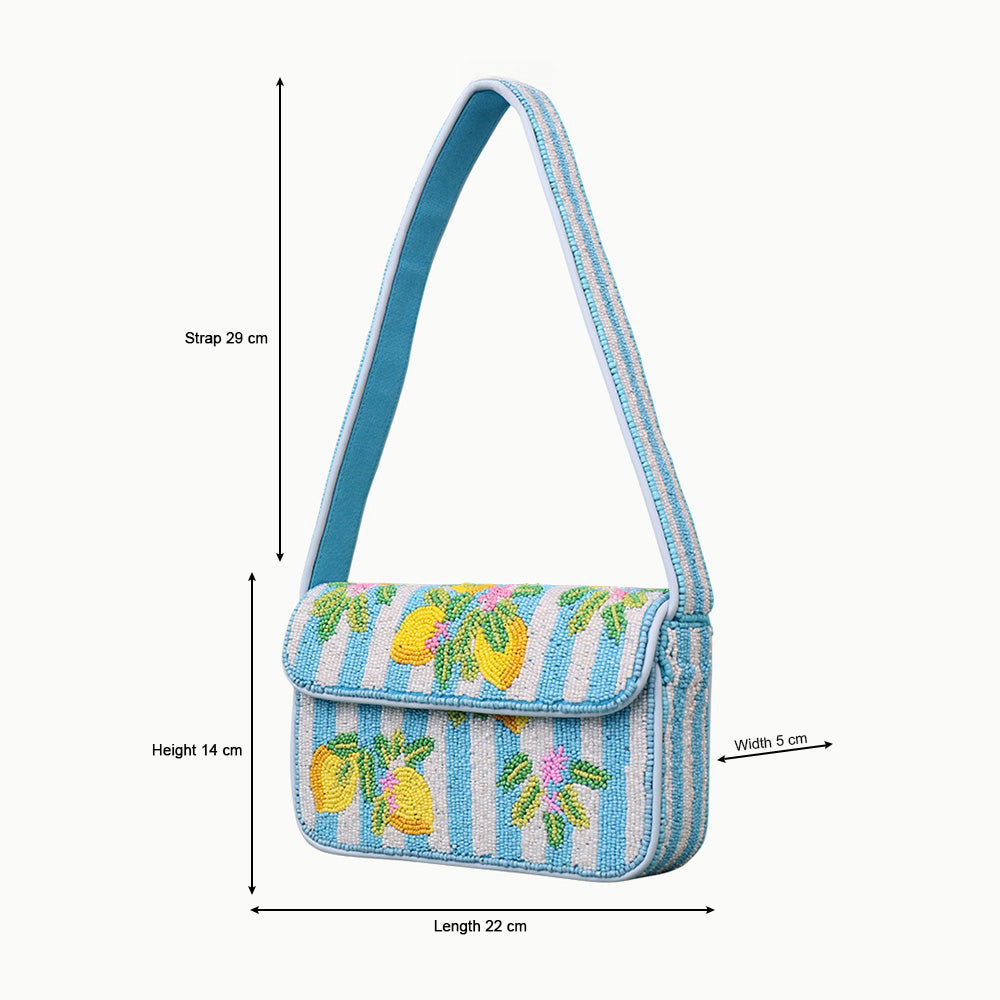 Luxury Handmade Beaded Shoulder Bag – Lemon Fruit Pattern on Blue Stripes