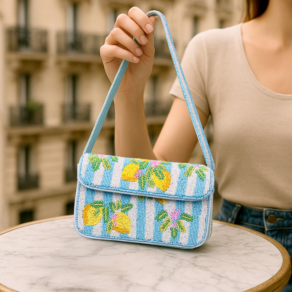 Luxury Handmade Beaded Shoulder Bag – Lemon Fruit Pattern on Blue