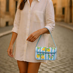 Luxury Handmade Beaded Shoulder Bag – Lemon Fruit Pattern on Blue Stripes