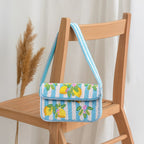 Luxury Handmade Beaded Shoulder Bag – Lemon Fruit Pattern on Blue Stripes