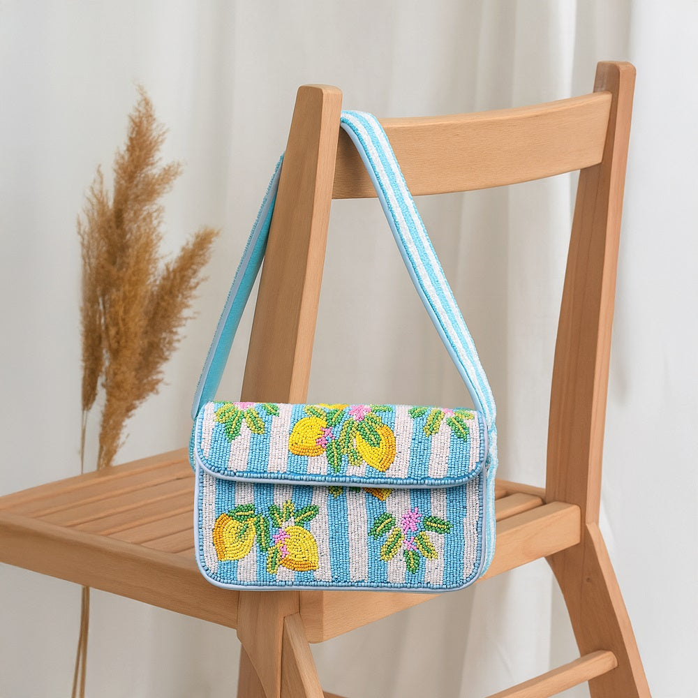 Luxury Handmade Beaded Shoulder Bag – Lemon Fruit Pattern on Blue Stripes