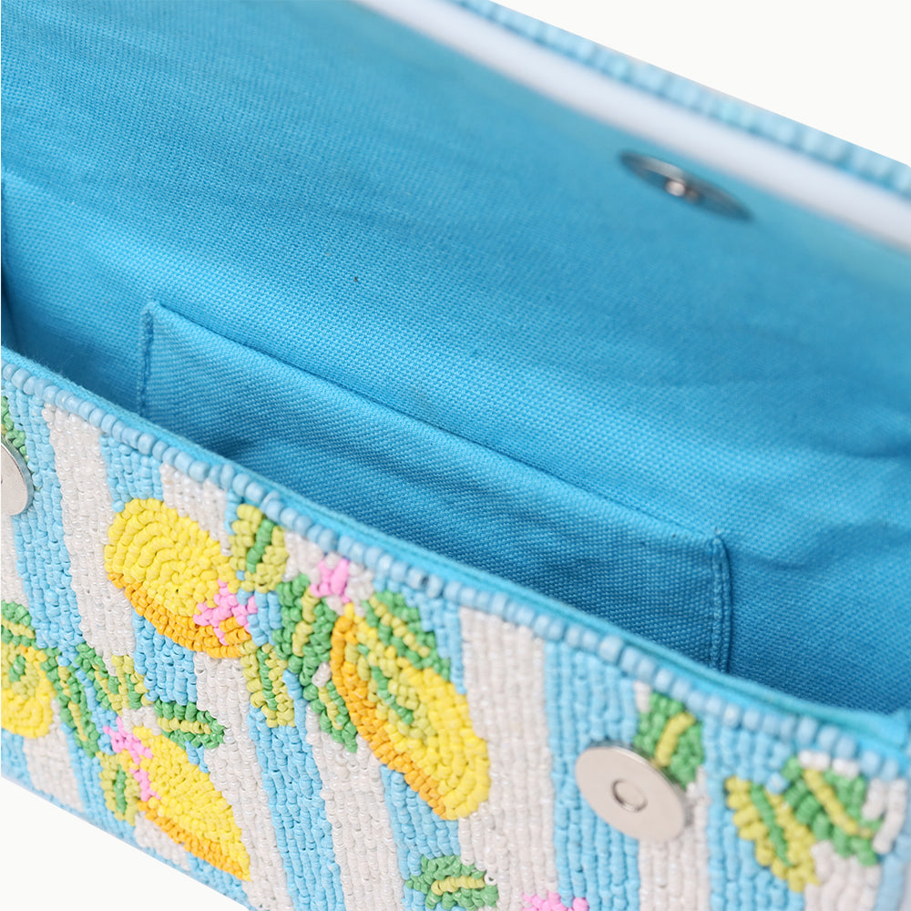 Luxury Handmade Beaded Shoulder Bag – Lemon Fruit Pattern on Blue Stripes