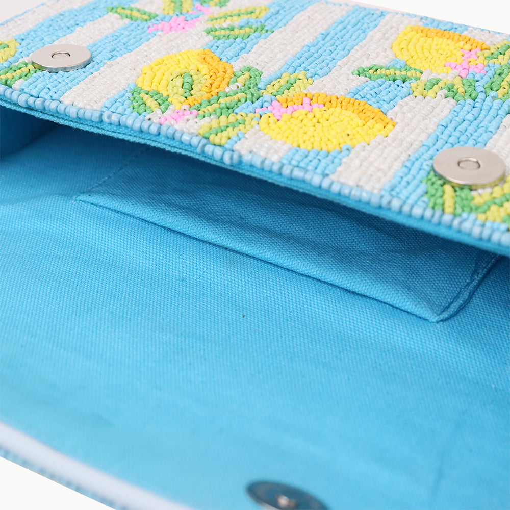 Luxury Handmade Beaded Shoulder Bag – Lemon Fruit Pattern on Blue Stripes