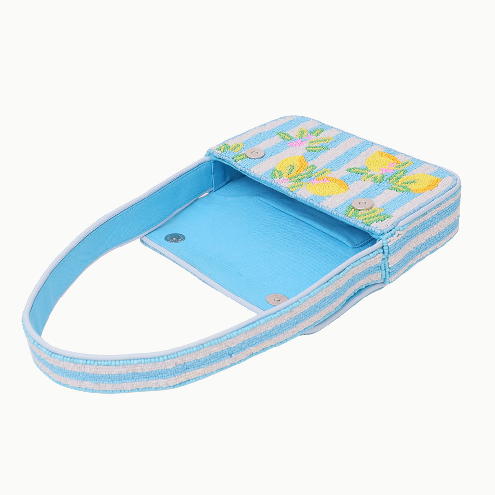 Luxury Handmade Beaded Shoulder Bag – Lemon Fruit Pattern on Blue Stripes