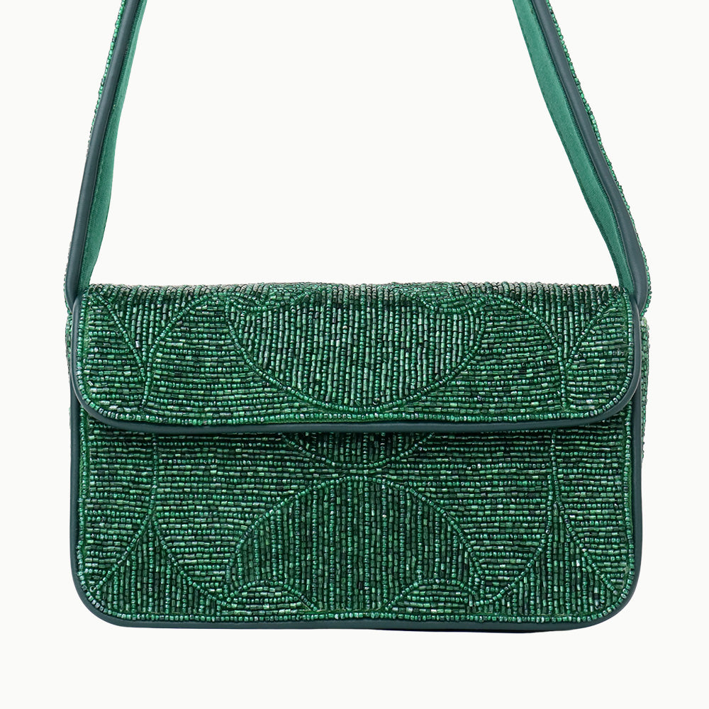Luxury Handmade Beaded Shoulder Bag – Green Geometric Pattern Purse