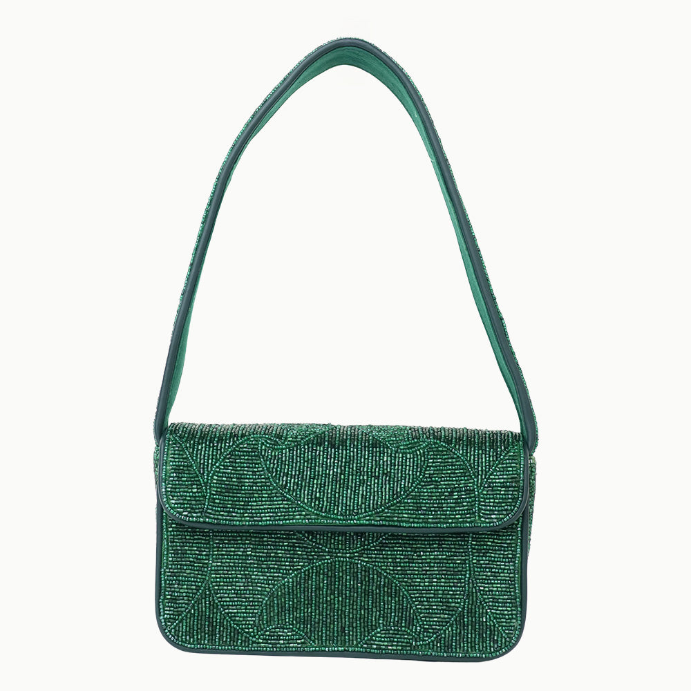 Luxury Handmade Beaded Shoulder Bag – Green Geometric Pattern Purse