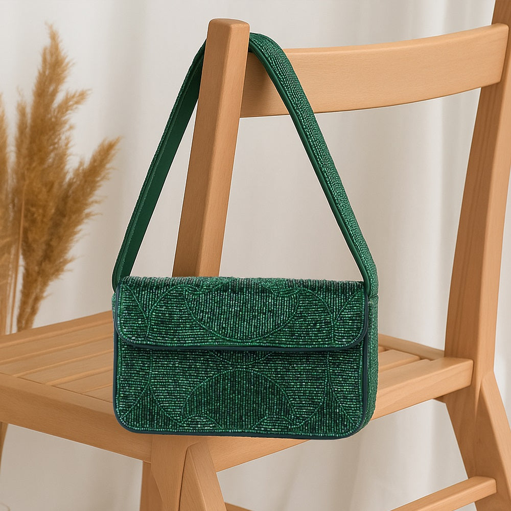 Luxury Handmade Beaded Shoulder Bag – Green Geometric Pattern Purse