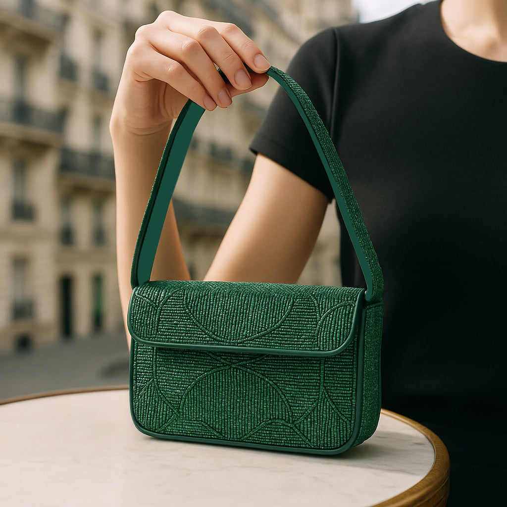 Luxury Handmade Beaded Shoulder Bag – Green Geometric Pattern Purse