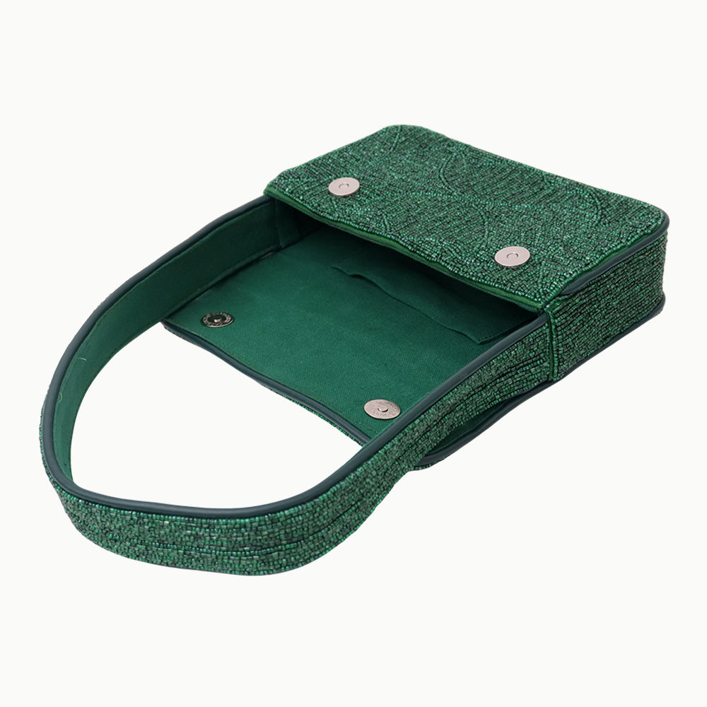 Luxury Handmade Beaded Shoulder Bag – Green Geometric Pattern Purse