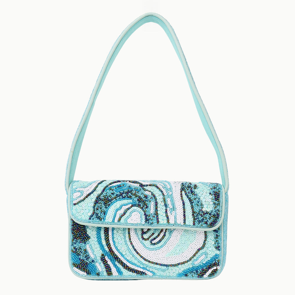 Luxury Handmade Beaded Shoulder Bag – Blue Abstract Pattern with Sequins