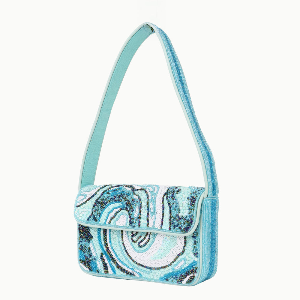 Luxury Handmade Beaded Shoulder Bag – Blue Abstract Pattern with Sequins