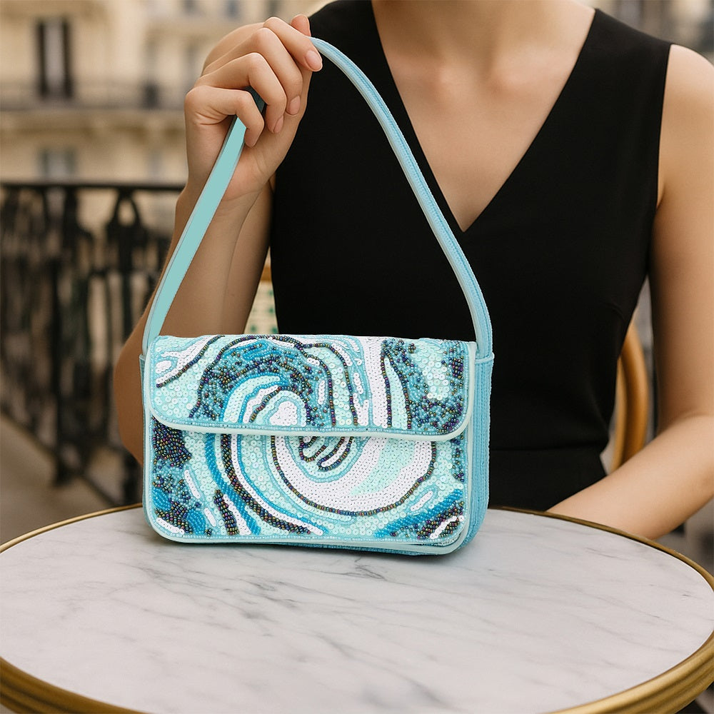Luxury Handmade Beaded Shoulder Bag – Blue Abstract Pattern with Sequins