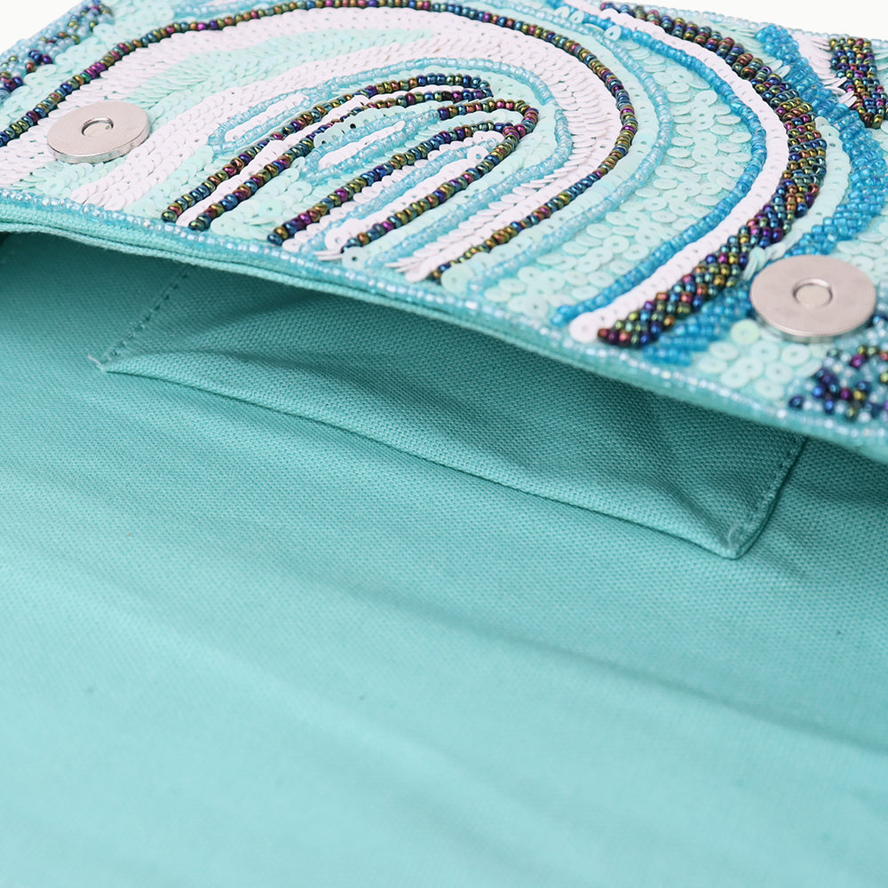 Luxury Handmade Beaded Shoulder Bag – Blue Abstract Pattern with Sequins