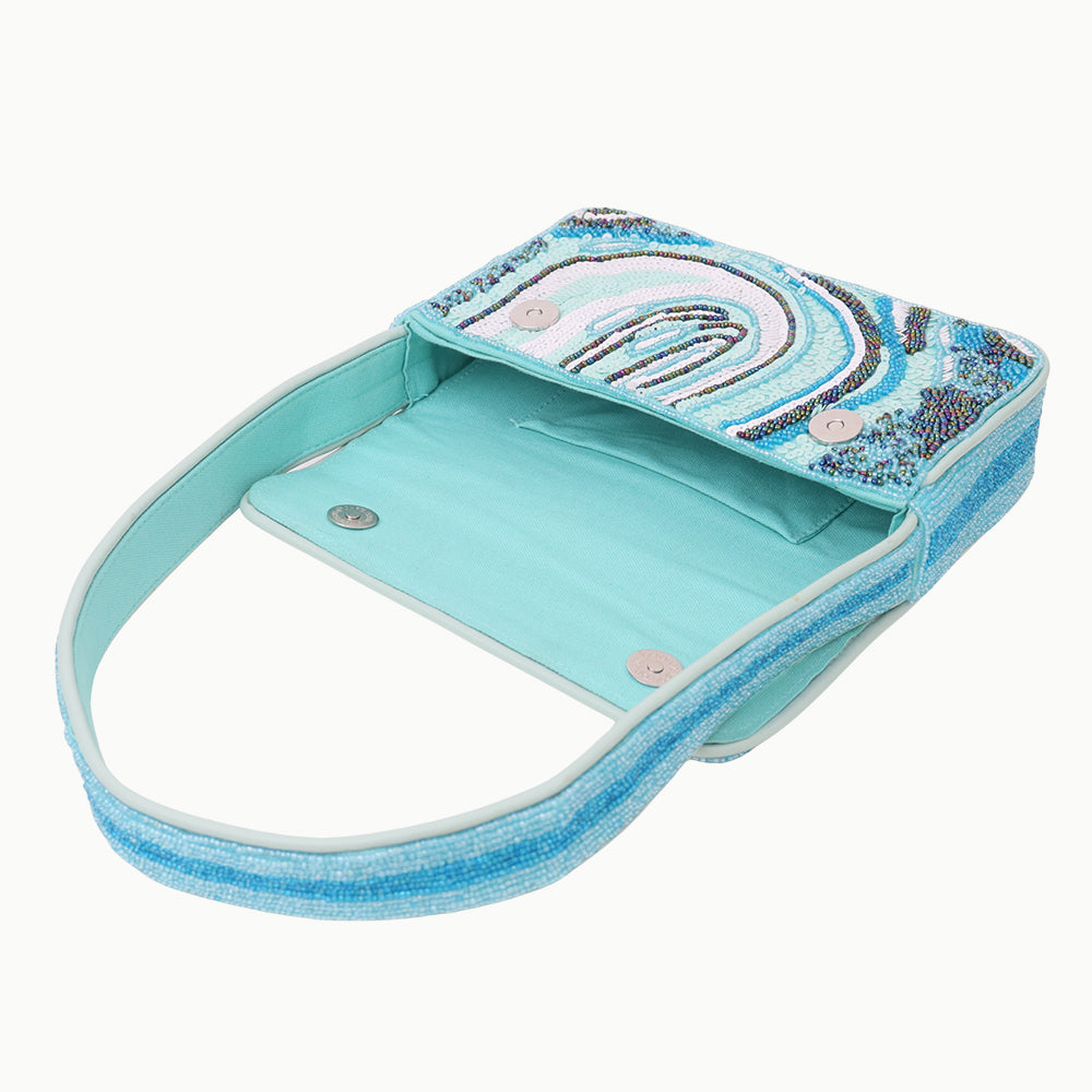 Luxury Handmade Beaded Shoulder Bag – Blue Abstract Pattern with Sequins