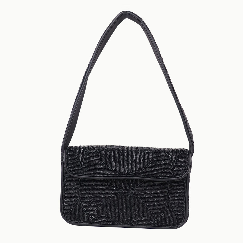 Luxury Handmade Beaded Shoulder Bag – Black Geometric Pattern