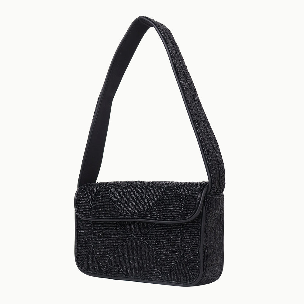 Luxury Handmade Beaded Shoulder Bag – Black Geometric Pattern