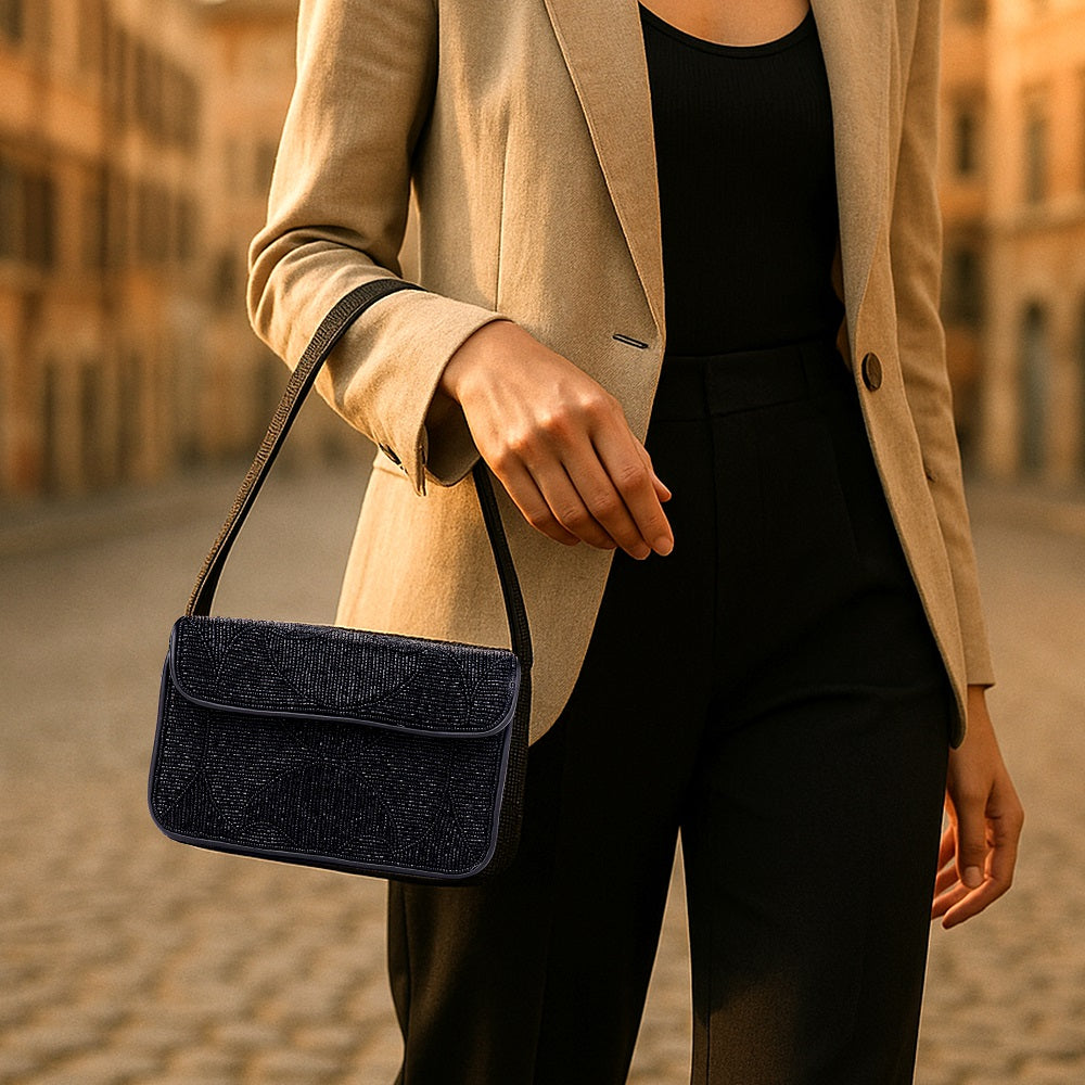 Luxury Handmade Beaded Shoulder Bag – Black Geometric Pattern