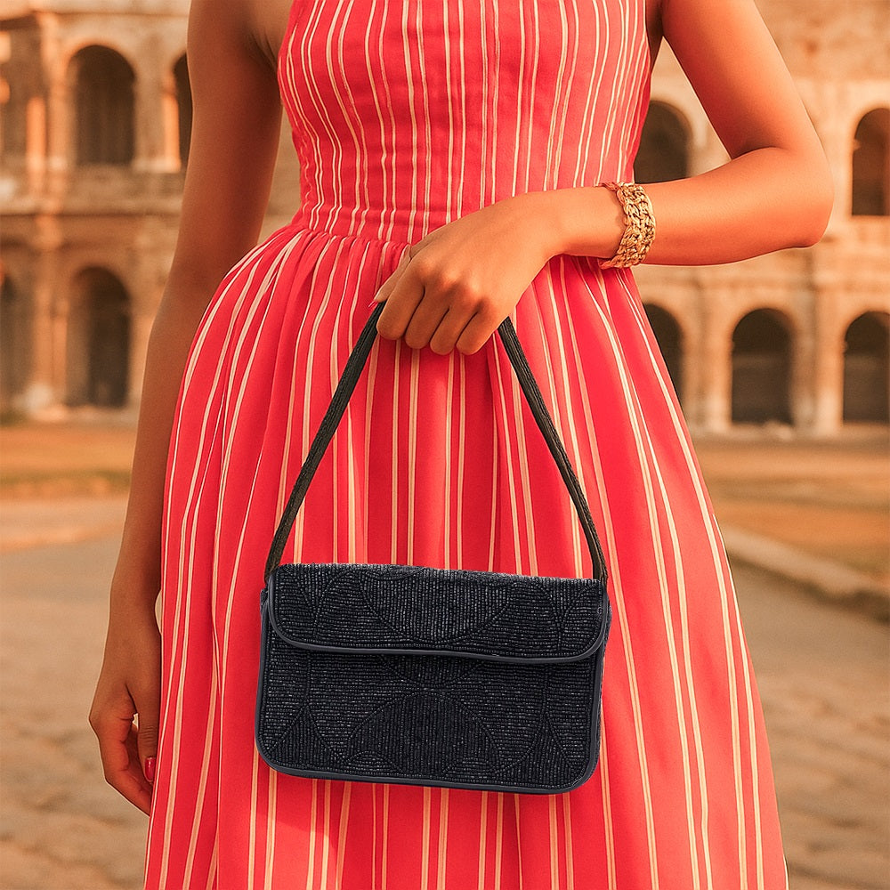 Luxury Handmade Beaded Shoulder Bag – Black Geometric Pattern