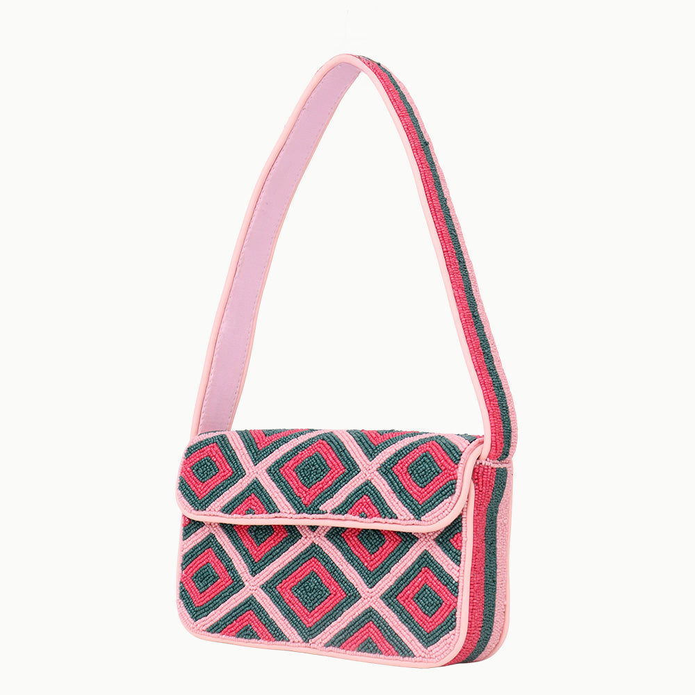 Luxury Handmade Colorful Beaded Shoulder Bag – Pink & Green Diamond Geometric Pattern Purse