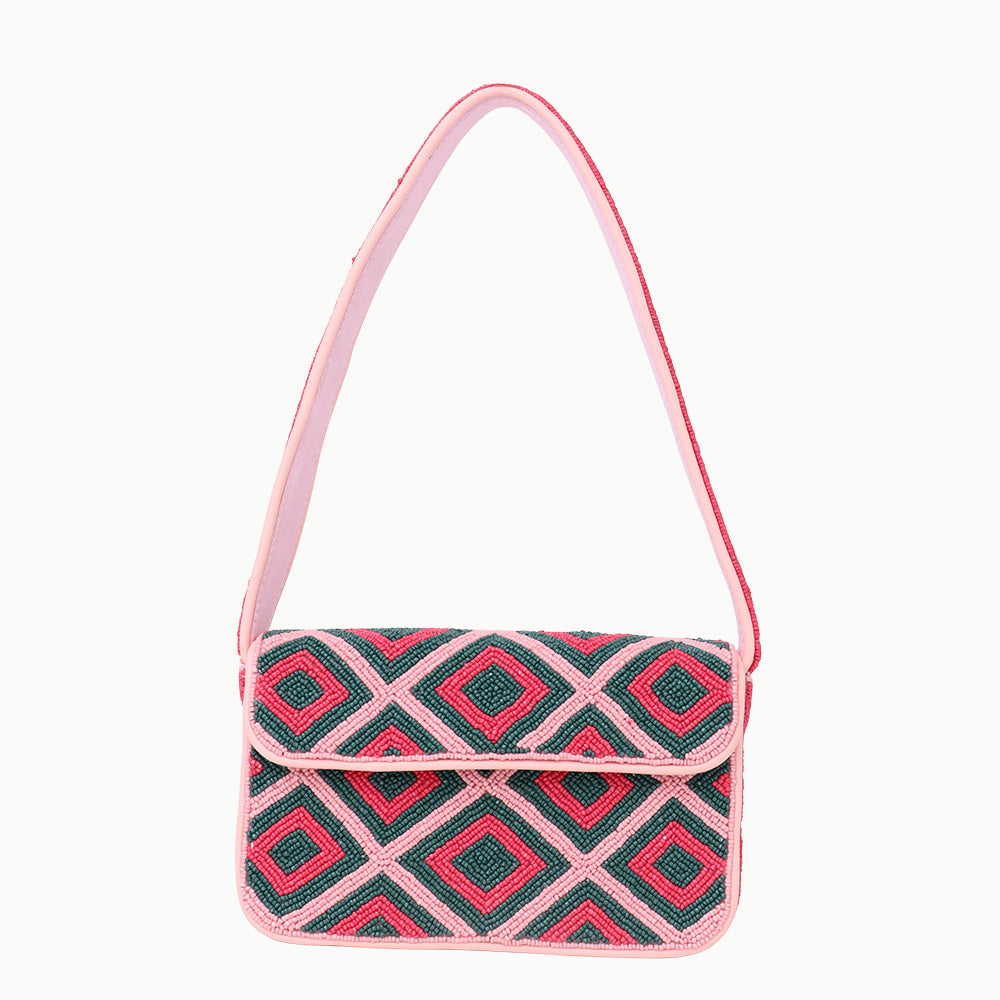 Luxury Handmade Colorful Beaded Shoulder Bag – Pink & Green Diamond Geometric Pattern Purse