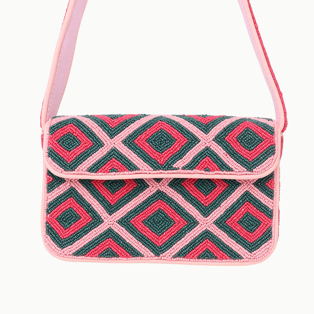 Luxury Handmade Colorful Beaded Shoulder Bag – Pink & Green Diamond Geometric Pattern Purse