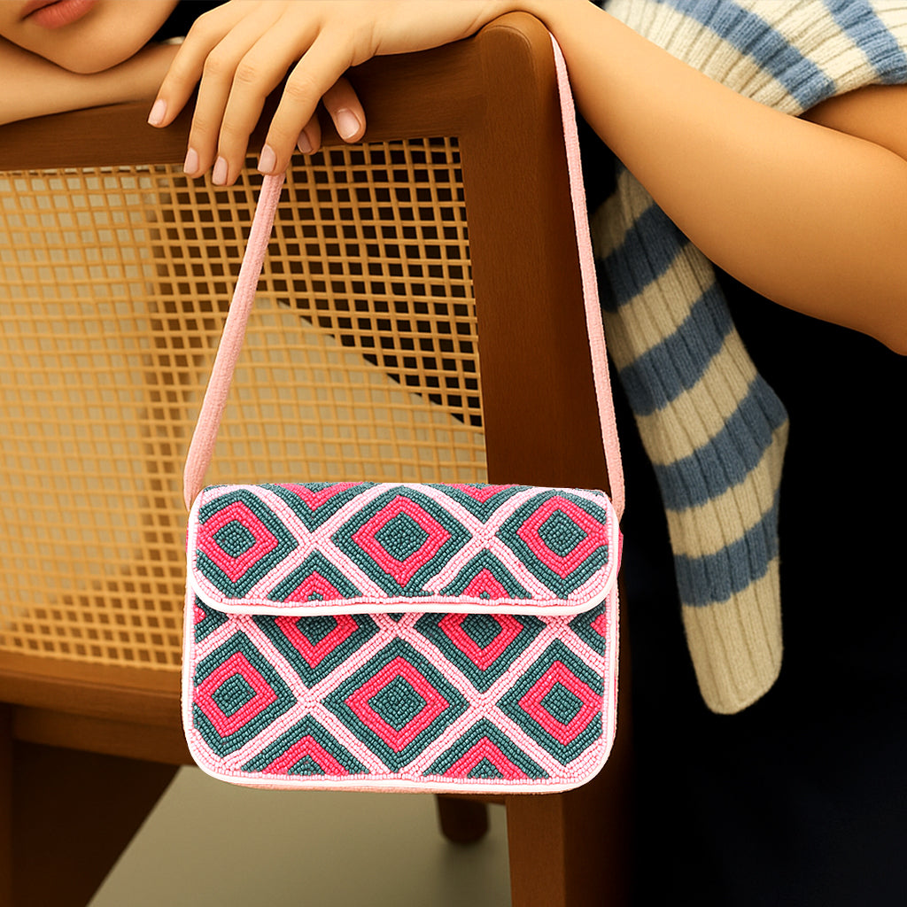 Luxury Handmade Colorful Beaded Shoulder Bag – Pink & Green Diamond Geometric Pattern Purse
