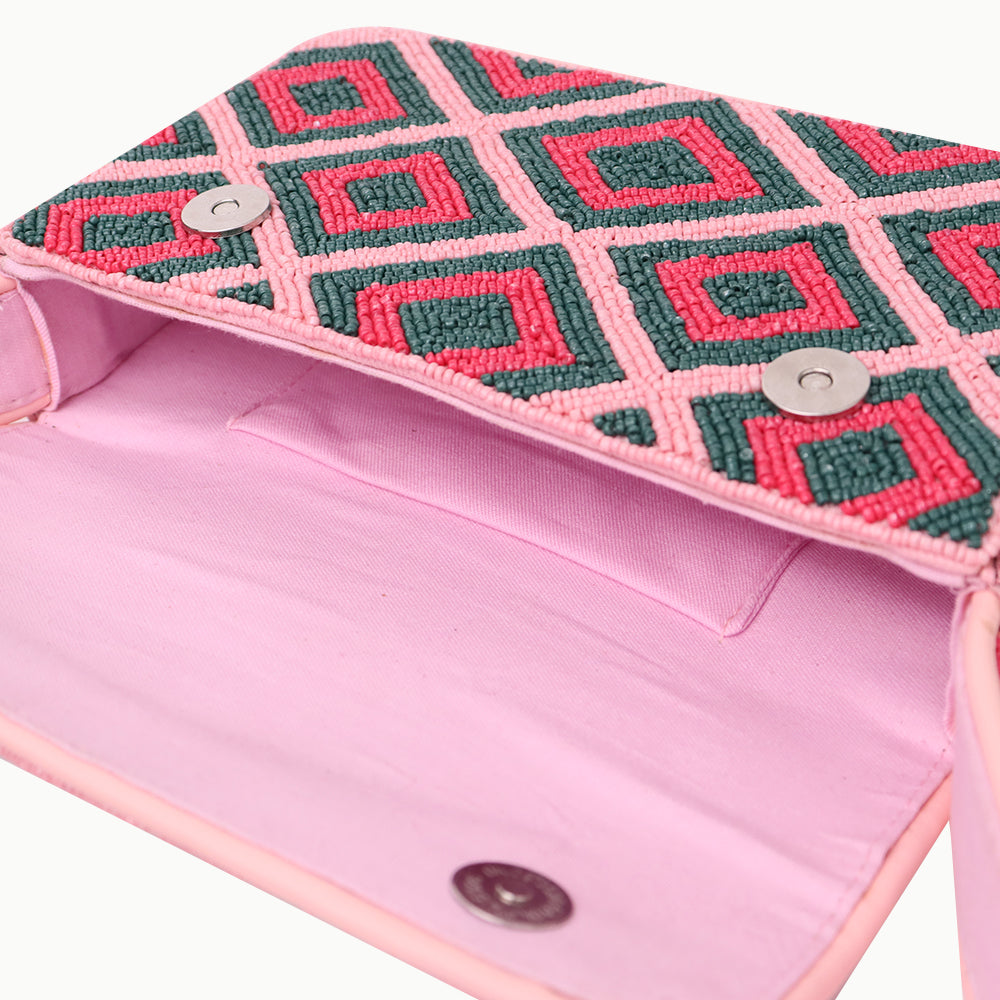 Luxury Handmade Colorful Beaded Shoulder Bag – Pink & Green Diamond Geometric Pattern Purse