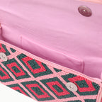 Luxury Handmade Colorful Beaded Shoulder Bag – Pink & Green Diamond Geometric Pattern Purse