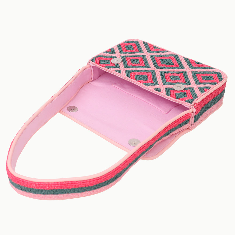 Luxury Handmade Colorful Beaded Shoulder Bag – Pink & Green Diamond Geometric Pattern Purse