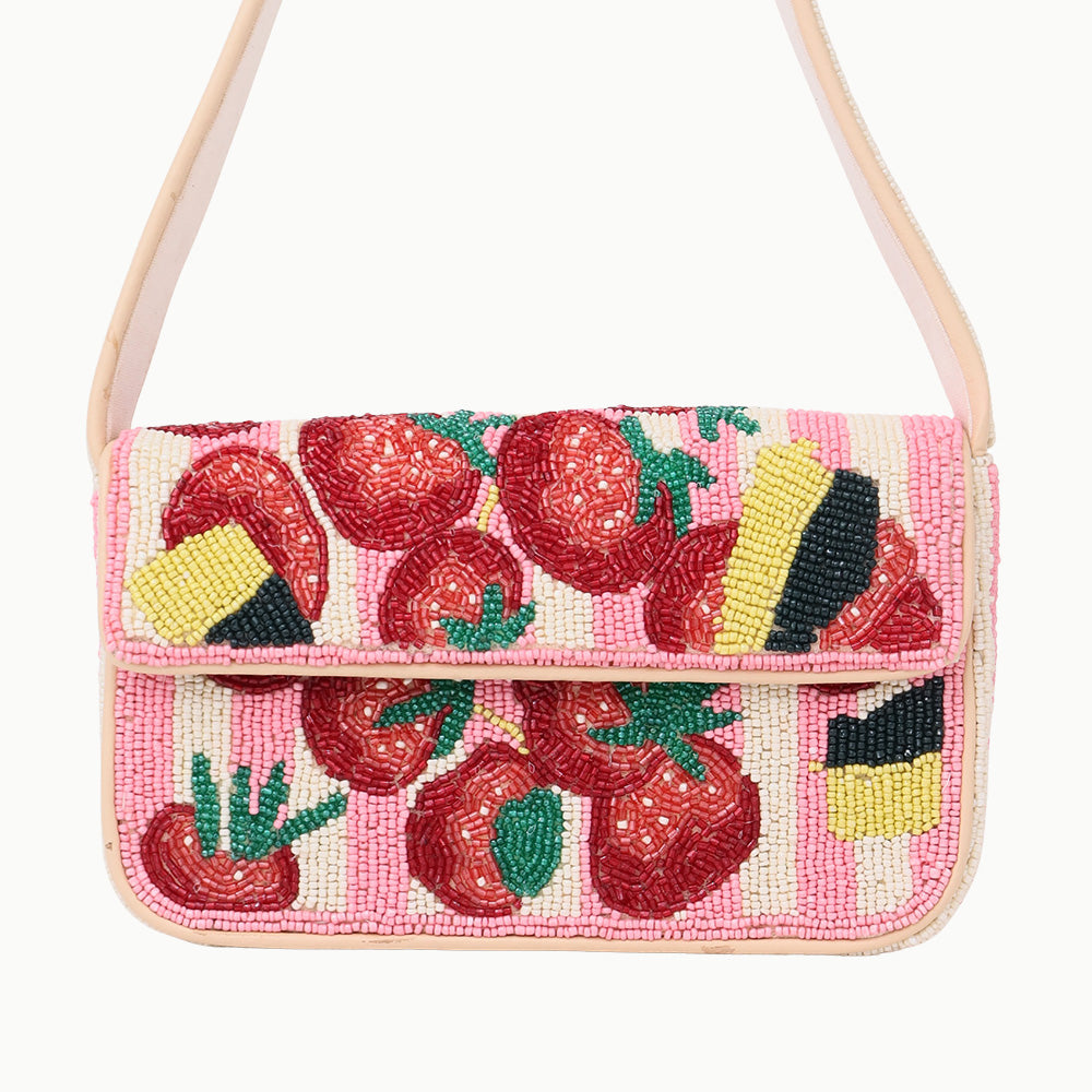 Luxury Colorful Beaded Shoulder Bag – Pink Strawberry Design Handcrafted Evening Purse