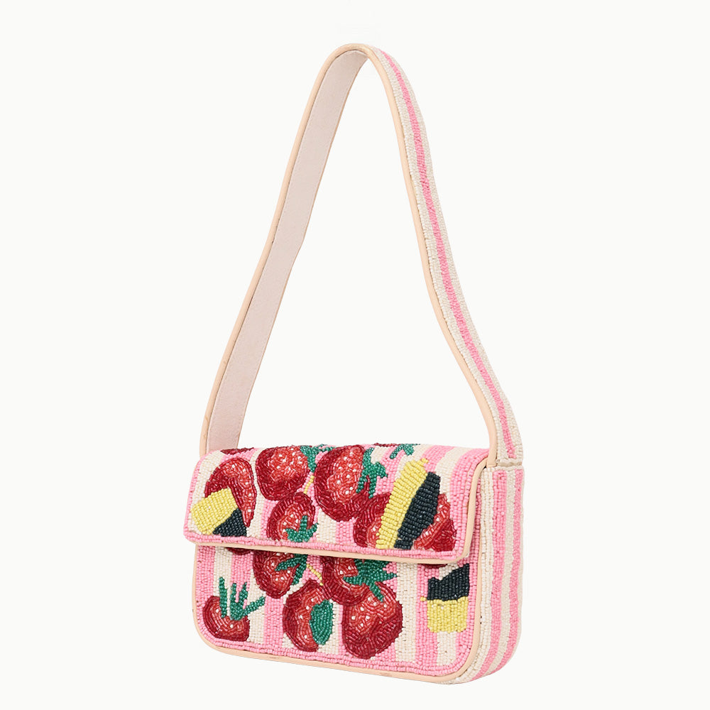 Luxury Colorful Beaded Shoulder Bag – Pink Strawberry Design Handcrafted Evening Purse