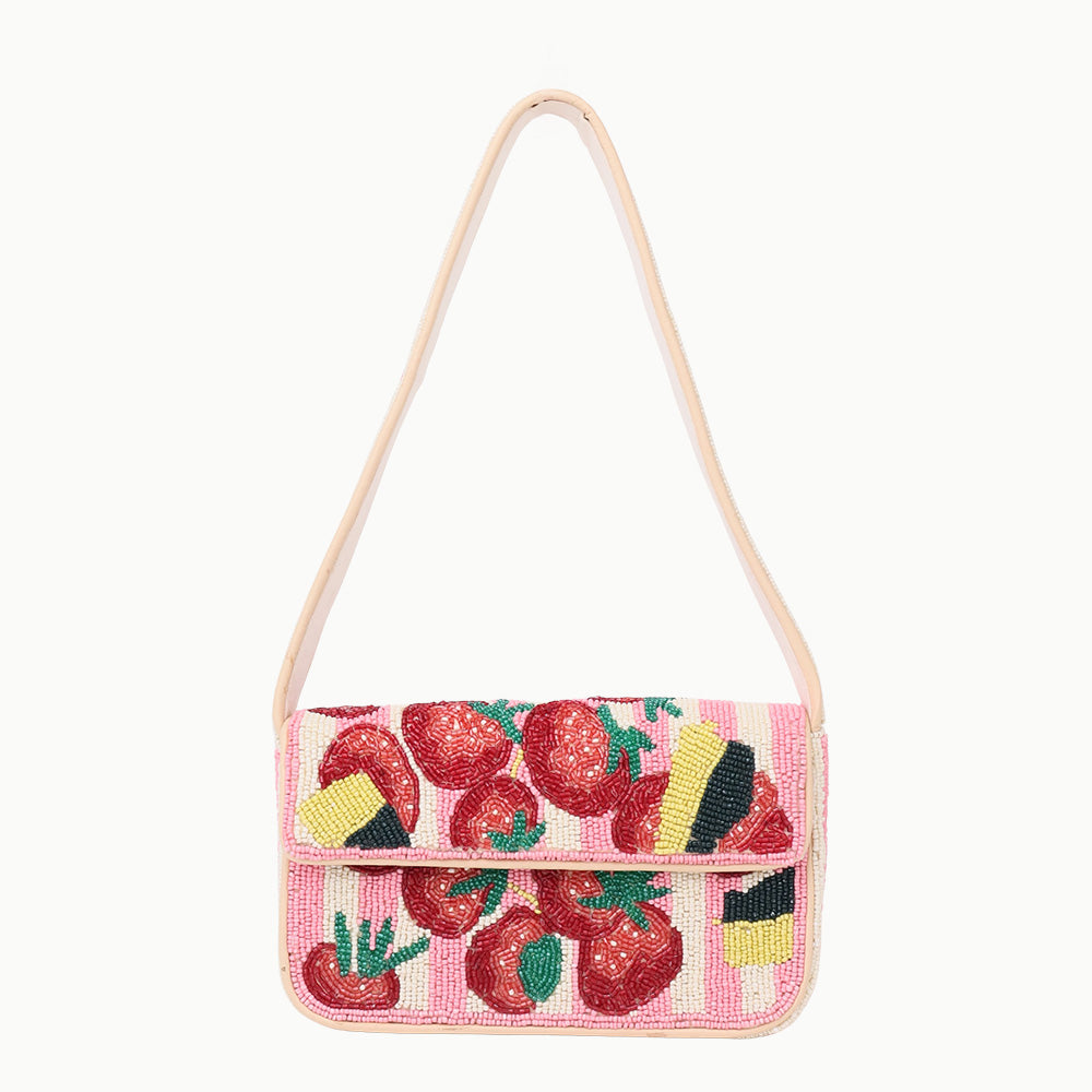 Luxury Colorful Beaded Shoulder Bag – Pink Strawberry Design Handcrafted Evening Purse