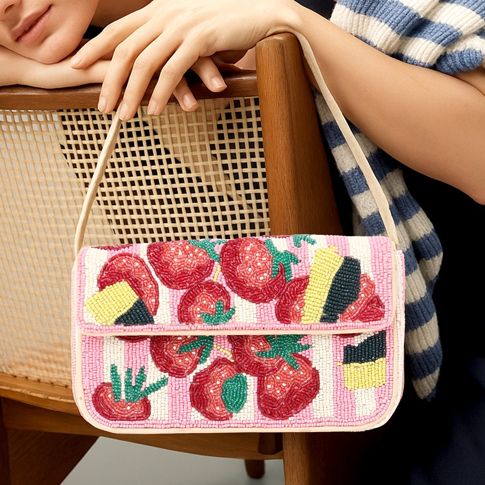 Luxury Colorful Beaded Shoulder Bag – Pink Strawberry Design Handcrafted Evening Purse