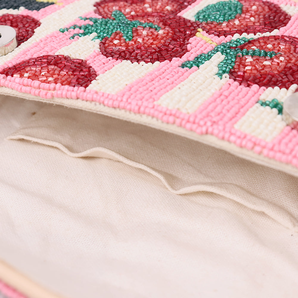 Luxury Colorful Beaded Shoulder Bag – Pink Strawberry Design Handcrafted Evening Purse