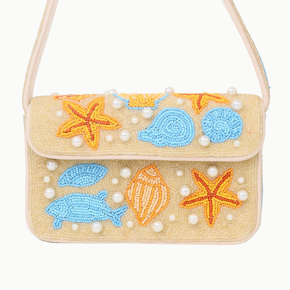 Luxury Colorful Beaded Shoulder Bag with Seashell & Starfish Design