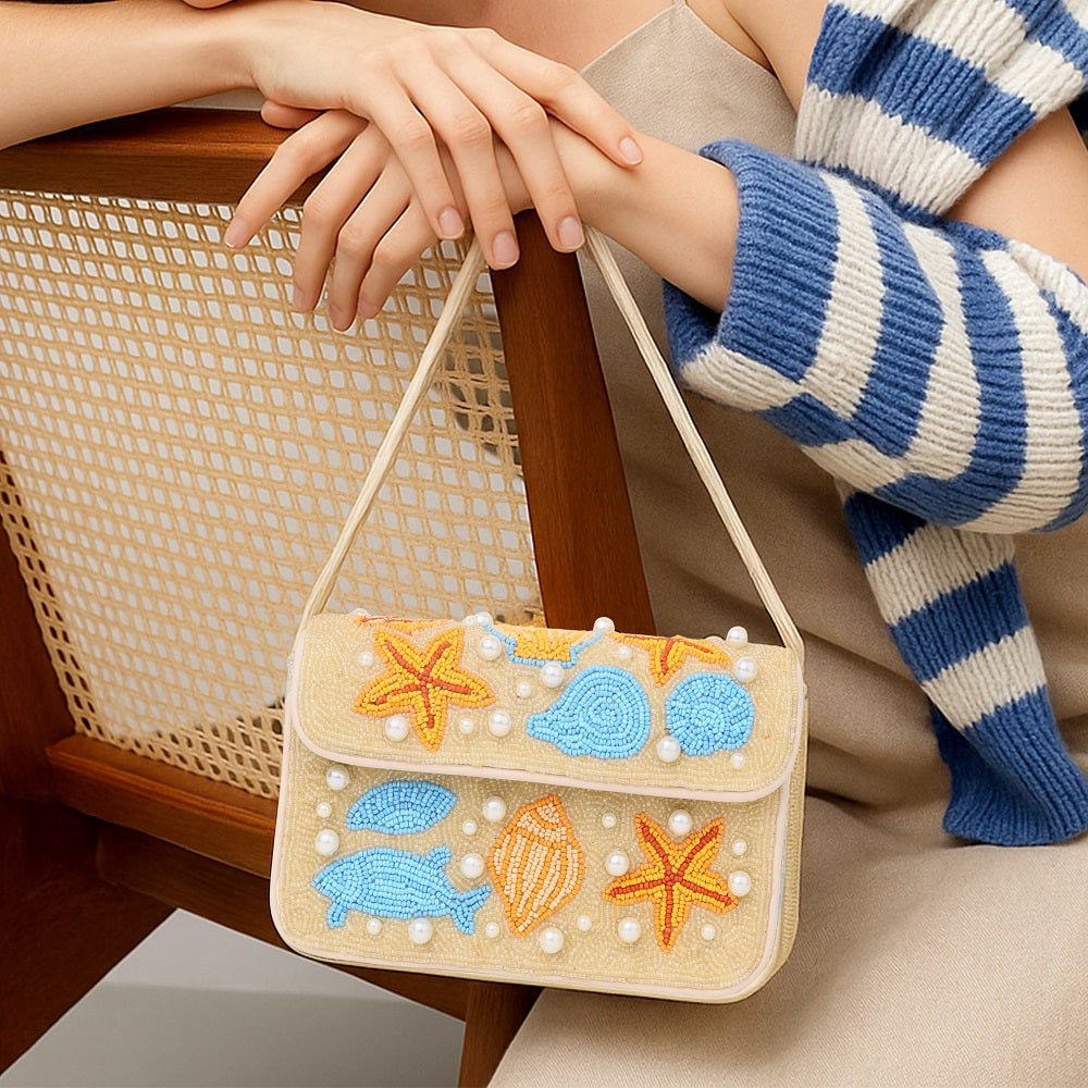 Luxury Colorful Beaded Shoulder Bag with Seashell & Starfish Design