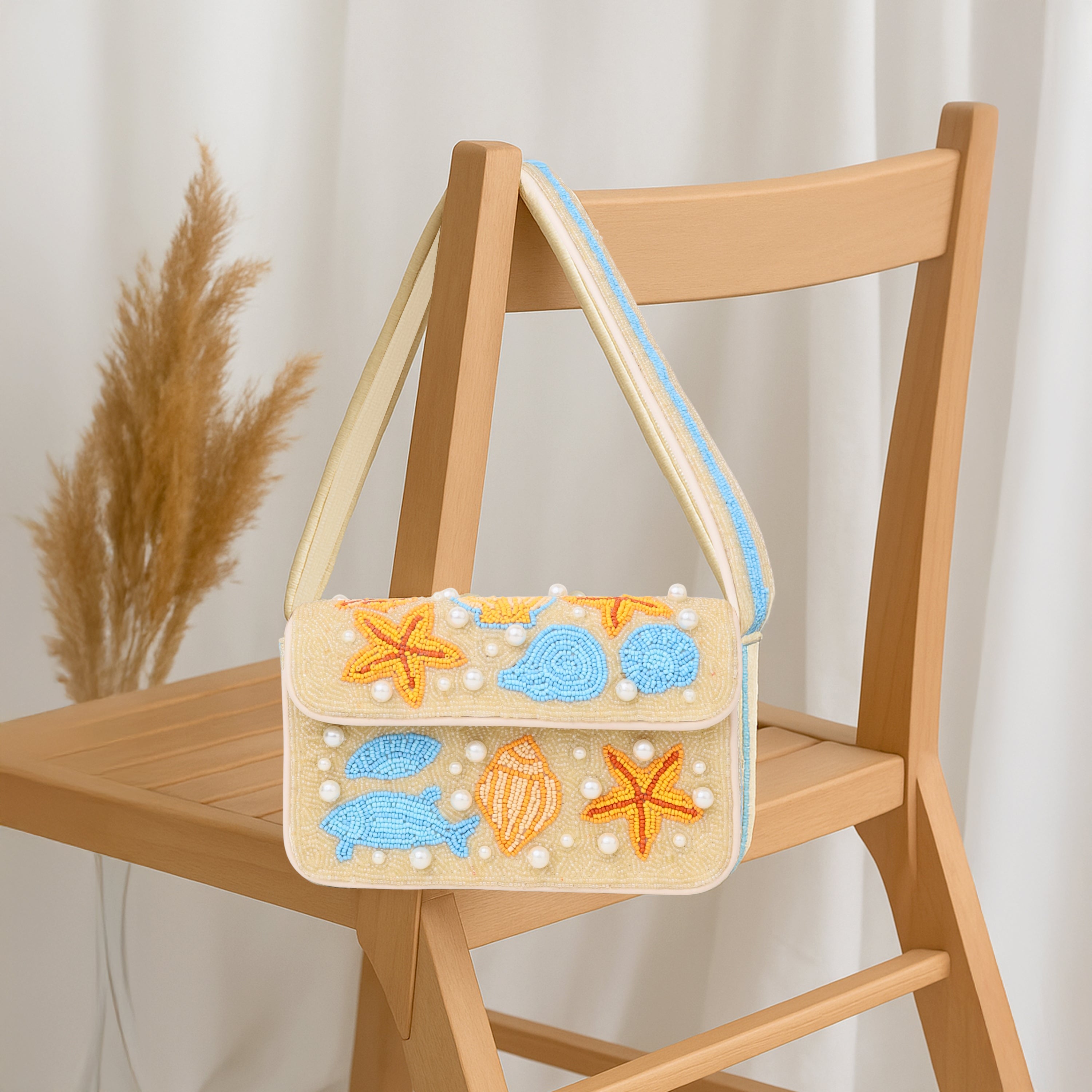 Luxury Colorful Beaded Shoulder Bag with Seashell & Starfish Design