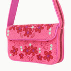 Luxury Handmade Beaded Shoulder Bag – Hot Pink with Red Floral Design