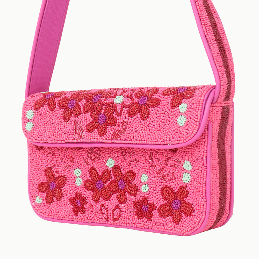 Luxury Handmade Beaded Shoulder Bag – Hot Pink with Red Floral Design