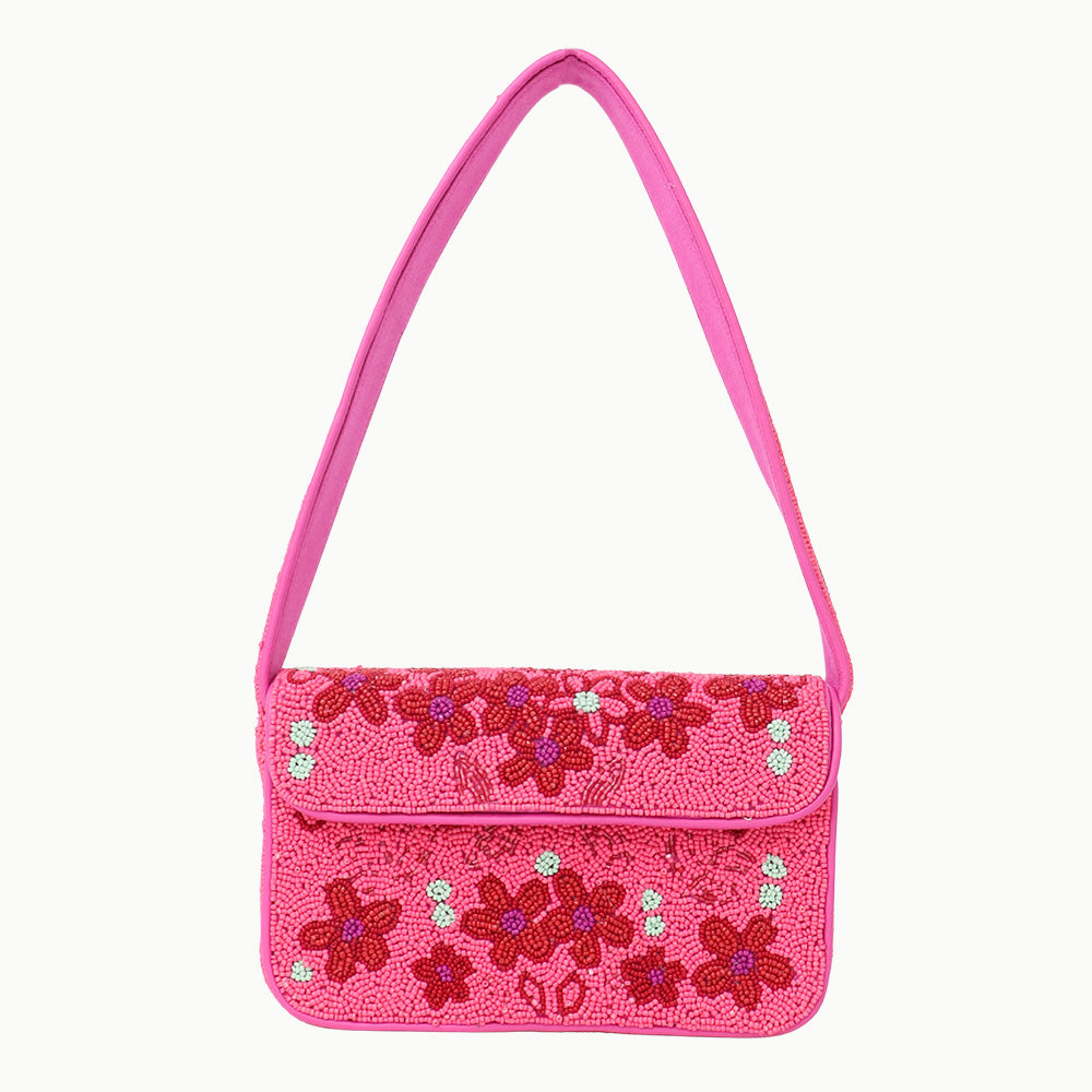 Luxury Handmade Beaded Shoulder Bag – Hot Pink with Red Floral Design