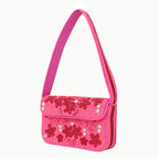 Luxury Handmade Beaded Shoulder Bag – Hot Pink with Red Floral Design