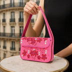 Luxury Handmade Beaded Shoulder Bag – Hot Pink with Red Floral Design