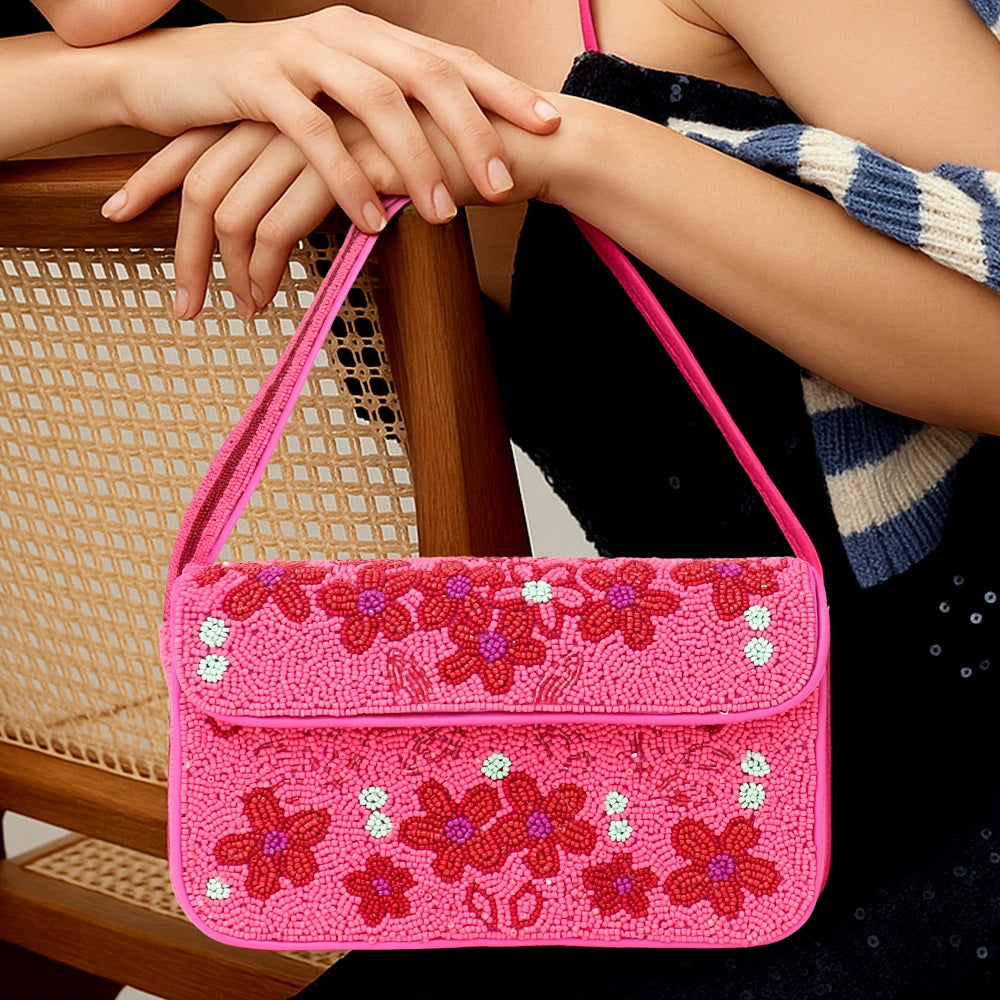 Luxury Handmade Beaded Shoulder Bag – Hot Pink with Red Floral Design
