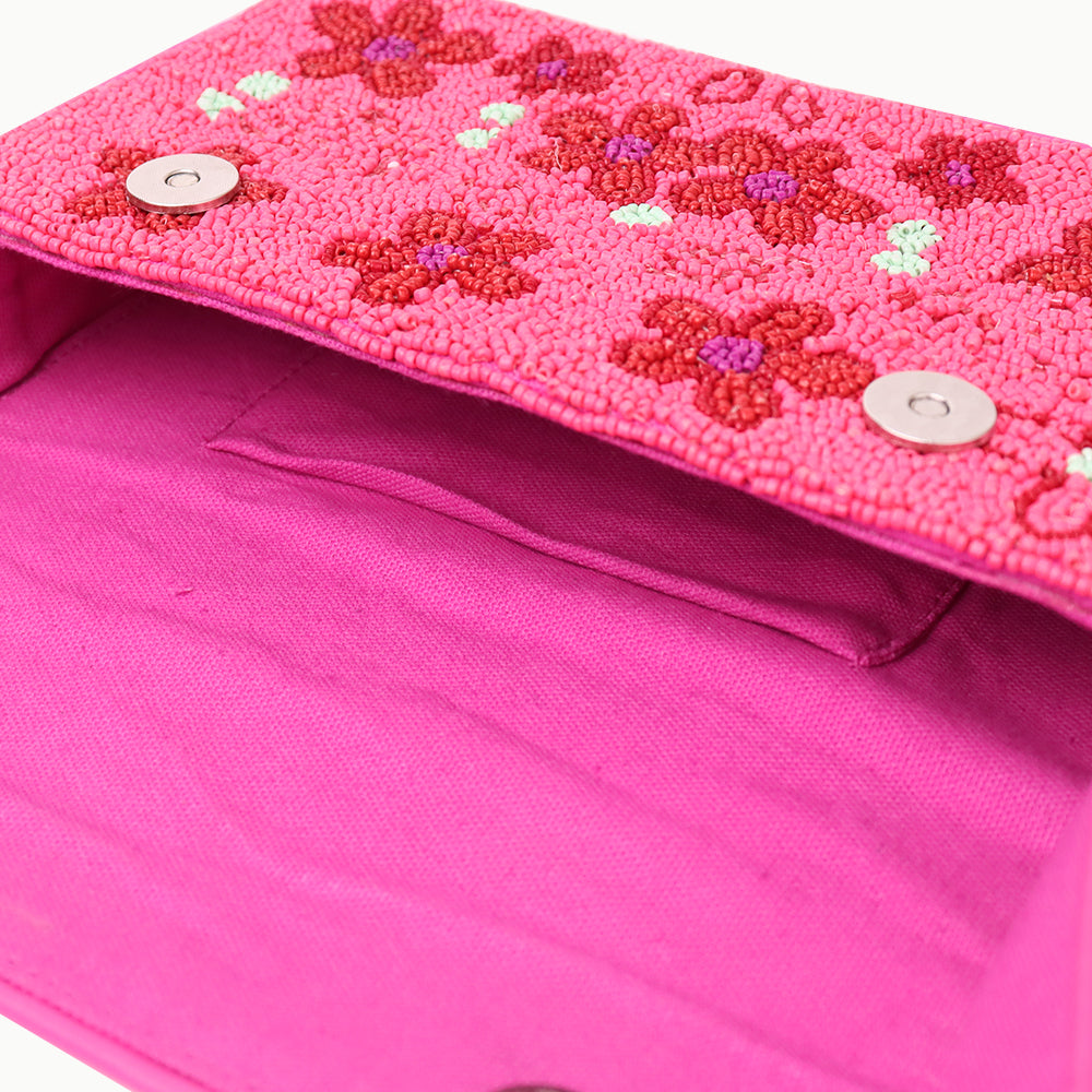 Luxury Handmade Beaded Shoulder Bag – Hot Pink with Red Floral Design