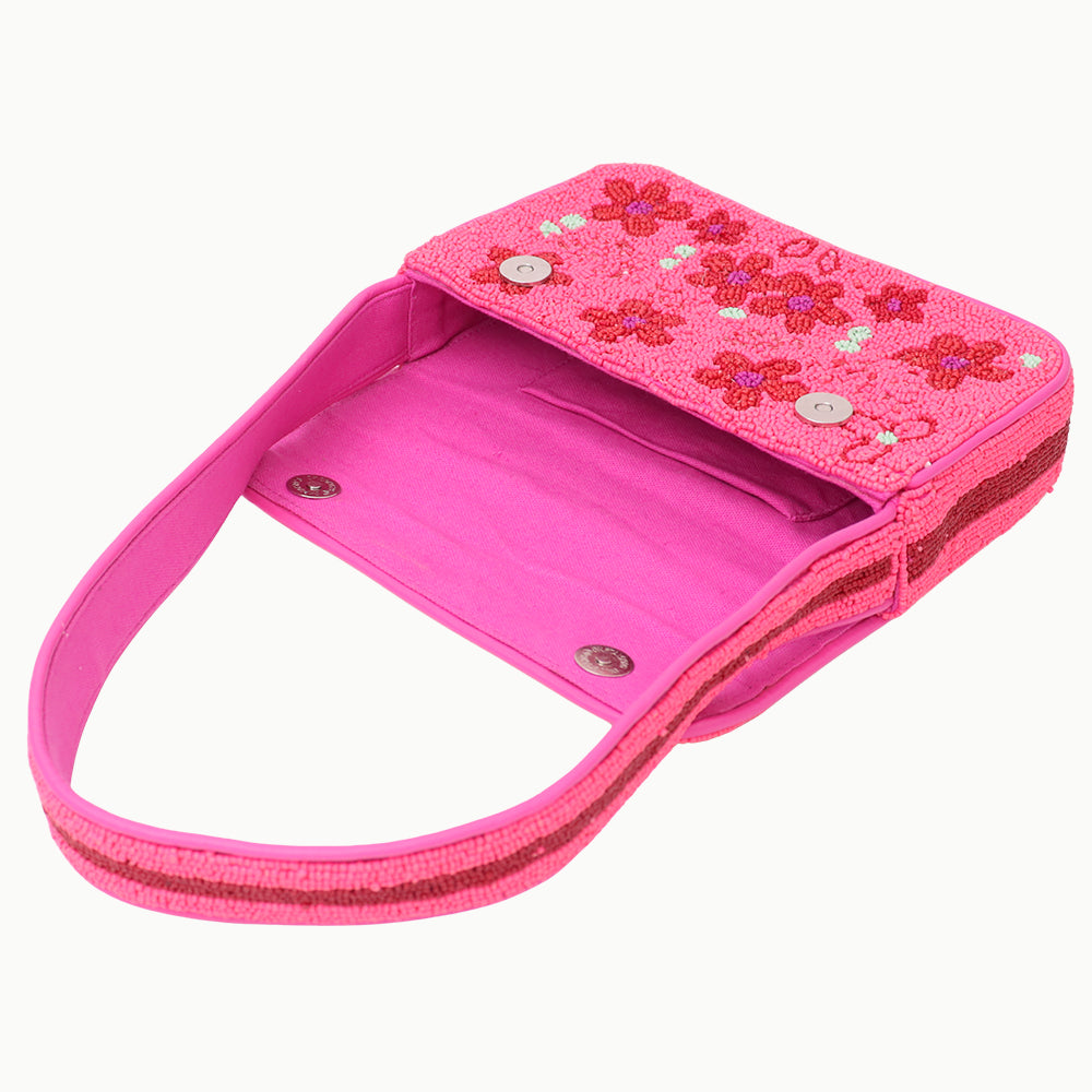 Luxury Handmade Beaded Shoulder Bag – Hot Pink with Red Floral Design
