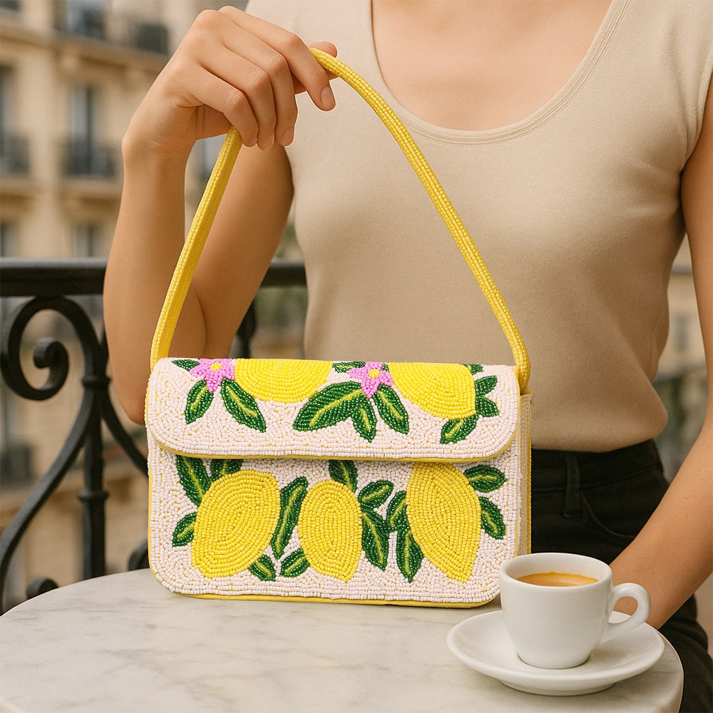 Handmade Beaded Shoulder Bag – Lemon Fruit Design, Summer Tote Purse for Women