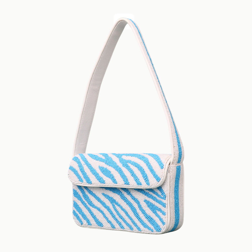 Luxury Handmade Beaded Shoulder Bag – Blue & White Zebra Pattern Designer Purse for Women