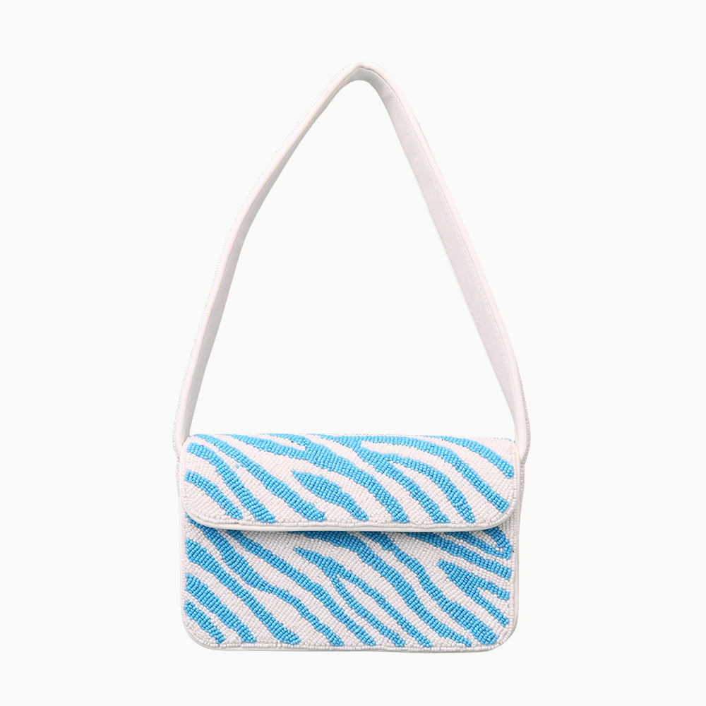 Luxury Handmade Beaded Shoulder Bag – Blue & White Zebra Pattern Designer Purse for Women