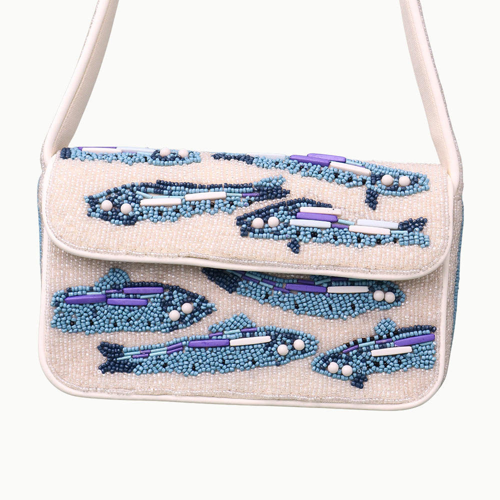 Handmade Beaded Shoulder Bag – White & Blue Fish Pattern with Embroidery Detailing