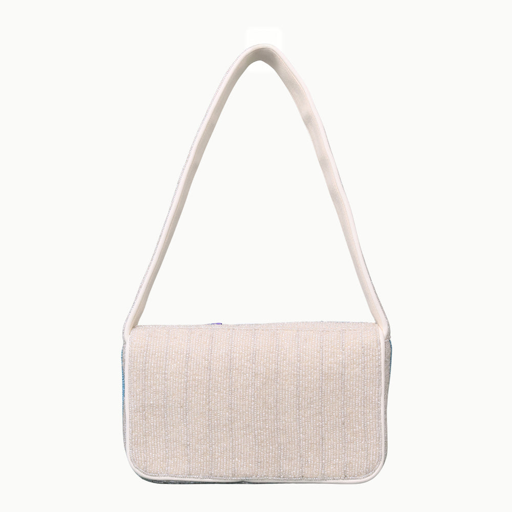 Handmade Beaded Shoulder Bag – White & Blue Fish Pattern with Embroidery Detailing